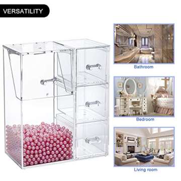 SPPRANDOM Yoelrsa Acrylic Makeup Box, Makeup Brush Holder with Lid and 3 Drawers, Waterproof and Dustproof Cosmetic Brush Organizer with Free Pearls, Used for the Dressing Table (XL+Drawers, Pink)