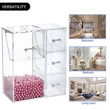 SPPRANDOM Yoelrsa Acrylic Makeup Box, Makeup Brush Holder with Lid and 3 Drawers, Waterproof and Dustproof Cosmetic Brush Organizer with Free Pearls, Used for the Dressing Table (XL+Drawers, Pink)