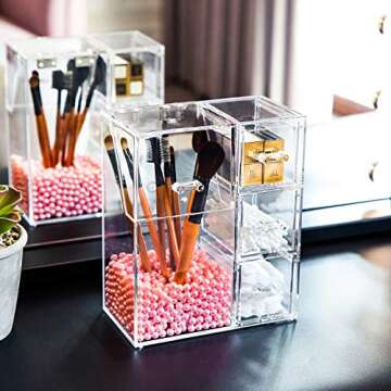SPPRANDOM Yoelrsa Acrylic Makeup Box, Makeup Brush Holder with Lid and 3 Drawers, Waterproof and Dustproof Cosmetic Brush Organizer with Free Pearls, Used for the Dressing Table (XL+Drawers, Pink)