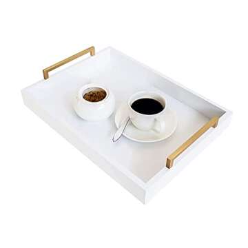 Crown Home & Living Ottoman Serving Tray 16.5x12.25 - White Coffee Table Tray with Brushed Gold Hand...