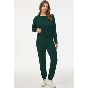 Fixmatti Women Two Piece Outfits Long Sleeve Pullover and Long Pant Tracksuit Pajama Lounge Jogger Set Green L