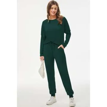 Fixmatti Women Two Piece Outfits Long Sleeve Pullover and Long Pant Tracksuit Pajama Lounge Jogger Set Green L