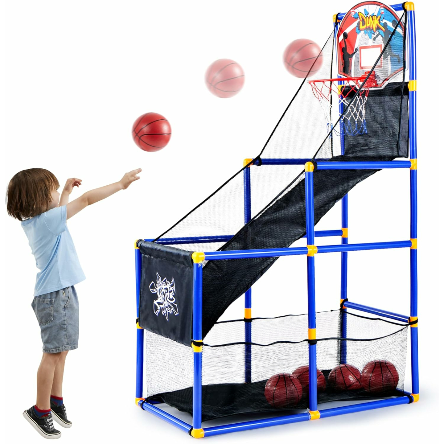 JOYIN Arcade Basketball Game Set with 4 Balls and Hoop for Kids 3 to 12 Years Old Indoor Outdoor Sport Play - Easy Set Up - Air Pump Included - Ideal for Competition