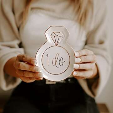 Sweet Water Decor Jewelry Dish Tray | Great for His and Her Engagement Engaged Ring Dish Holder Bride Ring Holder Gold Ceramic Trinket Tray Wedding Accessories (I Do)