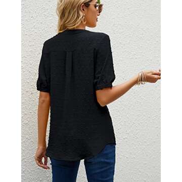 LOMON Womans V Neck Blouses Pom Pom Puff Short Sleeve Button Shirt Tops Classic Fit Spring Workwear Black L