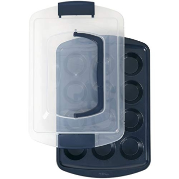 Wilton Diamond-Infused Non-Stick Navy Blue Muffin and Cupcake Pan with Cover, 12-Cup, Steel