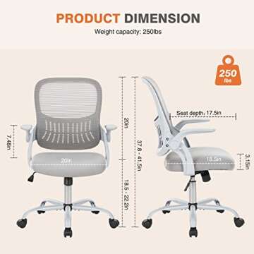 Sweetcrispy Home Ergonomic Office Computer Flip Up Armrests Mesh Desk Wheels Mid-Back Task Chair for Working, Grey