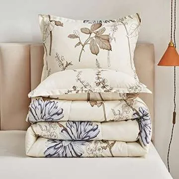 Joyreap 7 Piece Bed in a Bag Queen, Elegant Flower Botanical Smooth Soft Microfiber Floral Comforter Set for All Season (1 Comforter, 2 Pillow Shams, 1 Flat Sheet, 1 Fitted Sheet, 2 Pillowcases)