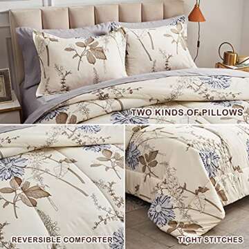 Joyreap 7 Piece Bed in a Bag Queen, Elegant Flower Botanical Smooth Soft Microfiber Floral Comforter Set for All Season (1 Comforter, 2 Pillow Shams, 1 Flat Sheet, 1 Fitted Sheet, 2 Pillowcases)