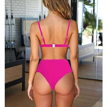 BTFBM Women's Bikini Sets 2024 Summer Two Piece Swimsuit High Waisted V Neck Triangle Bathing Suit Casual Beach Swimwear(Solid Rose Red, Small)