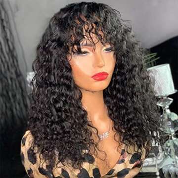 Human Hair Water Wave Human Hair Wigs with Bangs Brazilian Non Lace Front Wigs with Bangs Glueless Machine Made Hair Natural Color 18 Inch