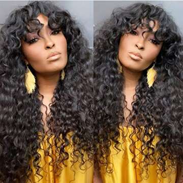 Human Hair Water Wave Human Hair Wigs with Bangs Brazilian Non Lace Front Wigs with Bangs Glueless Machine Made Hair Natural Color 18 Inch