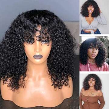 Human Hair Water Wave Human Hair Wigs with Bangs Brazilian Non Lace Front Wigs with Bangs Glueless Machine Made Hair Natural Color 18 Inch