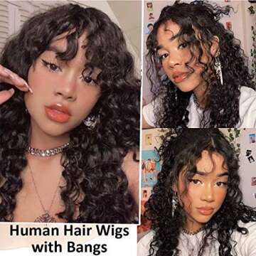 Human Hair Water Wave Human Hair Wigs with Bangs Brazilian Non Lace Front Wigs with Bangs Glueless Machine Made Hair Natural Color 18 Inch