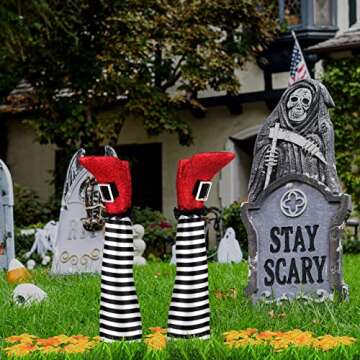 RUODON Halloween Witch Legs 13 Inches Upside Down Wicked Witch Legs Prop with Broomstick and Maple Leaves for Patio, Yard Witch Legs Decorations, Black and White