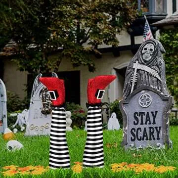 RUODON Halloween Witch Legs 13 Inches Upside Down Wicked Witch Legs Prop with Broomstick and Maple Leaves for Patio, Yard Witch Legs Decorations, Black and White