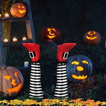 RUODON Halloween Witch Legs 13 Inches Upside Down Wicked Witch Legs Prop with Broomstick and Maple Leaves for Patio, Yard Witch Legs Decorations, Black and White