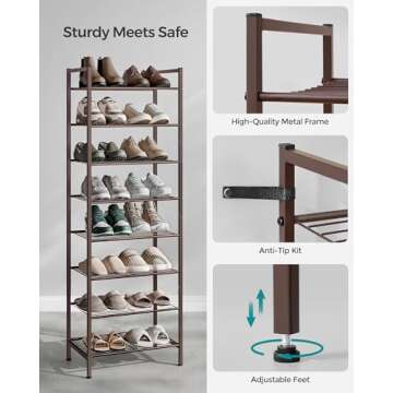 SONGMICS Narrow Shoe Rack, Sturdy 8 Tier Metal Tall Shoe Rack Shelf, Slim Shoe Storage Organizer for Closet Entryway Small Spaces, Vertical Shoe Stand Tower for 18 Pairs Shoes, Easy Assembly, Bronze