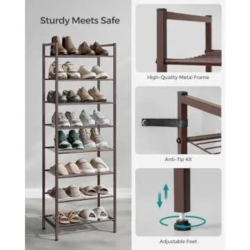 SONGMICS Narrow Shoe Rack, Sturdy 8 Tier Metal Tall Shoe Rack Shelf, Slim Shoe Storage Organizer for Closet Entryway Small Spaces, Vertical Shoe Stand Tower for 18 Pairs Shoes, Easy Assembly, Bronze