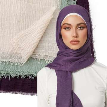 EVQ Lightweight Wrinkle Scarf Women Scarf Shawl for All Season (3pcs Dark Purple+Light Green+Milky White(70.9"x35.5"))