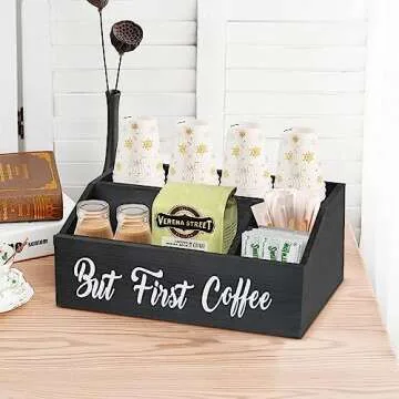 Coffee Station Organizer for Counter,Wood Coffee Pods Holder Storage Basket Coffee Bar Accessories Organizer,Coffee Holder for Coffee Bar Decor, Coffee Lover (Black)