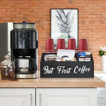 Coffee Station Organizer for Counter,Wood Coffee Pods Holder Storage Basket Coffee Bar Accessories Organizer,Coffee Holder for Coffee Bar Decor, Coffee Lover (Black)