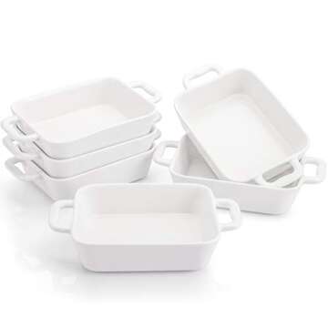 Foraineam 6 Pieces Bakeware Set, White Porcelain Souffle Dishes Creme Brulee Ramekins, 6-1/4 x 4-3/4 inch Rectangular Baking Pans with Double Handles