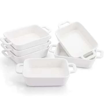 Foraineam 6 Pieces Bakeware Set, White Porcelain Souffle Dishes Creme Brulee Ramekins, 6-1/4 x 4-3/4 inch Rectangular Baking Pans with Double Handles