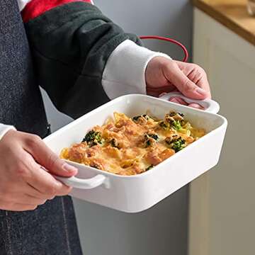 Foraineam 6 Pieces Bakeware Set, White Porcelain Souffle Dishes Creme Brulee Ramekins, 6-1/4 x 4-3/4 inch Rectangular Baking Pans with Double Handles