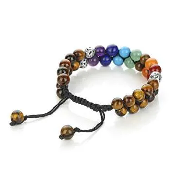 Top Plaza Tiger Eye Stone Bead Chakra Bracelet 7 Chakras Healing Crystals Bracelet Yoga Stone Beads Bracelets Meditation Relax Anxiety Bangle for Womens Mens