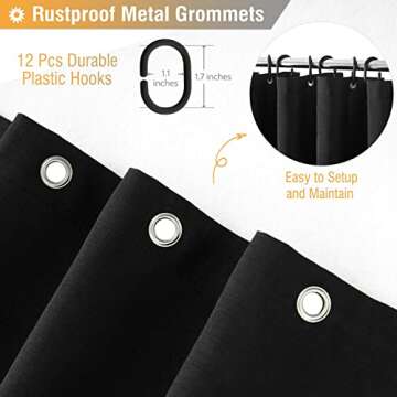 BTTN Black Fabric Shower Curtain - Linen Textured Heavy Duty Cloth Shower Curtain Set with 12 Plastic Hooks, Rust Resistant, Machine Washable, Simple Hotel Spa Luxury Bath Curtains for Bathroom, 72x72