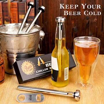 PONPUR 2pc Beer Chiller Sticks with 1 Bottle Opener, Christmas Beer Gifts for Men Dad Adult, Cool Bartool Accessories for Chilling, Beer Lover Gift for Anniversary Birthday