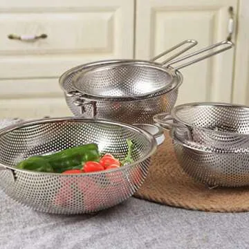 DOITOOL Stainless Steel Colander With Single Long Handle Large Metal Strainer Kitchen Food Strainer for Pasta Spaghetti Vegetable Fruits Noodles Salad 19.2cm
