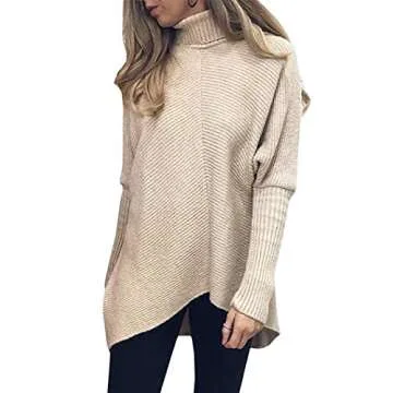 MILLCHIC Women Turtle Cowl Neck Sweater Asymmetric Hem Casual Pullover Knit Tops 8M7-kaqi-L1
