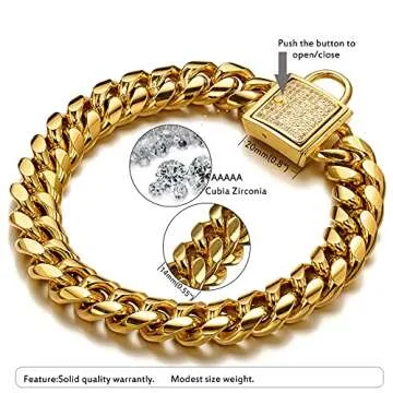 Designer Dog Collar Gold Metal Stainless Steel with Zirconia Lock 14mm 18K Gold Big Dog Luxury Training Collar Cuban Lock Link Necklace Chain(16 inch)