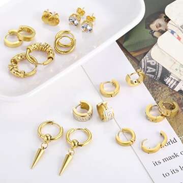 Earrings for Men Women, Funtopia 11 Pairs Stainless Steel 18K Gold Plated Small Hoop Earrings, Cross...