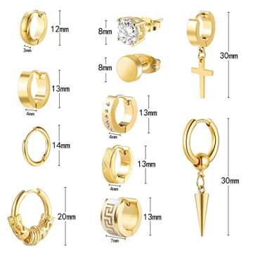 Earrings for Men Women, Funtopia 11 Pairs Stainless Steel 18K Gold Plated Small Hoop Earrings, Cross Dangle Earrings Set, Fashion Huggie Piercing Jewelry for Party Birthday, Gold