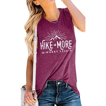 Women Workout Graphic Funny Hike More Worry Less Tank Funny Sleeveless Letter Printed Tees Beach Loose Fit Tops, Purple M