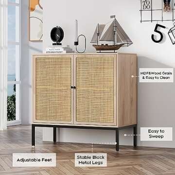 Brafab Set of 2 Sideboard Buffet Cabinet with Storage, 63" W Large Sideboard Cabinet with Natural Rattan Decorated Doors, Rattan Cabinet, for Living Room, Entryway, Bedroom, Dining Room/Square Doors