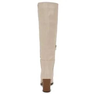 Coutgo Women's Thigh High Fashion Boots Faux Leather Block Chunky Heels Square Toe Fall Winter Shoes Cream 7