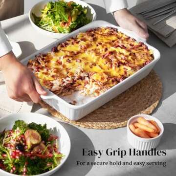 DOWAN Casserole Dishes for Oven, Baking Dishes Set, Ceramic Bakeware Sets of 3, Lasagna Pan Deep, Rectangular Baking Pan Set with Handles for Baking, Casserole, Kitchen, Wedding Gift, White (15.6''/12.2''/8.9'')
