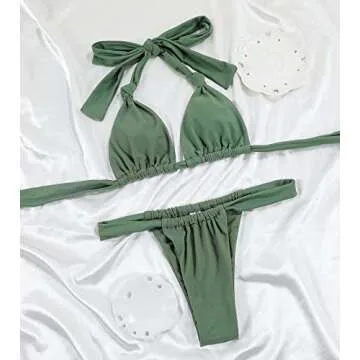 Women Thong Bikini Set Cheeky Halter Triangle String Two Piece Swimsuits Sexy Ruched Brazilian Bathing Suit (Army Green,Medium)