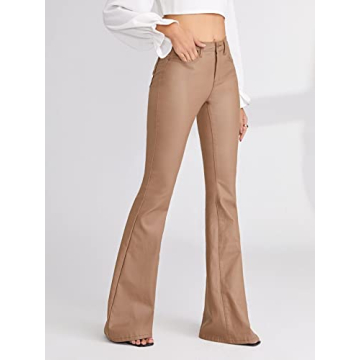 WDIRARA Women's Leather Look High Stretch Flare Leg Jeans