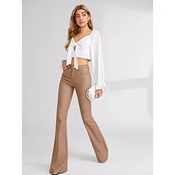 WDIRARA Women's Leather Look High Stretch Flare Leg Jeans