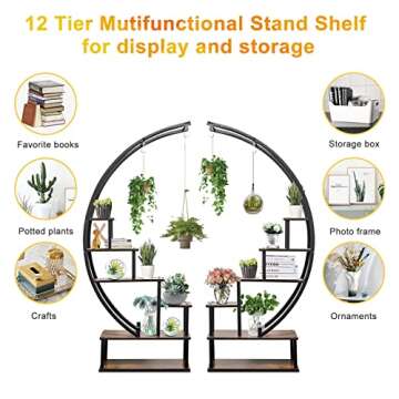 Elevens 6 Tier Metal Plant Stand, Muti-Purpose Plant Shelf with Hanging Loop Half Moon Shape Plant Stands Indoor Curved Display Shelf for Balcony, Patio, Garden and Home Decoration Pack of 2 (Oak)
