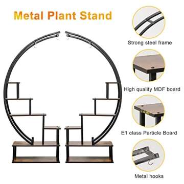 Elevens 6 Tier Metal Plant Stand, Muti-Purpose Plant Shelf with Hanging Loop Half Moon Shape Plant Stands Indoor Curved Display Shelf for Balcony, Patio, Garden and Home Decoration Pack of 2 (Oak)