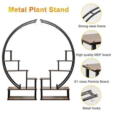 Elevens 6 Tier Metal Plant Stand, Muti-Purpose Plant Shelf with Hanging Loop Half Moon Shape Plant Stands Indoor Curved Display Shelf for Balcony, Patio, Garden and Home Decoration Pack of 2 (Oak)
