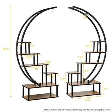 Elevens 6 Tier Metal Plant Stand, Muti-Purpose Plant Shelf with Hanging Loop Half Moon Shape Plant Stands Indoor Curved Display Shelf for Balcony, Patio, Garden and Home Decoration Pack of 2 (Oak)