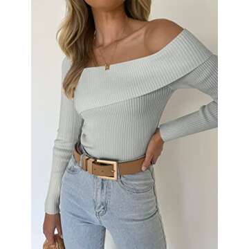 ANRABESS Women's Long Sleeve Off Shoulder Crop Top Ribbed Knit Slim Fit Casual Solid Pullover Sweate...