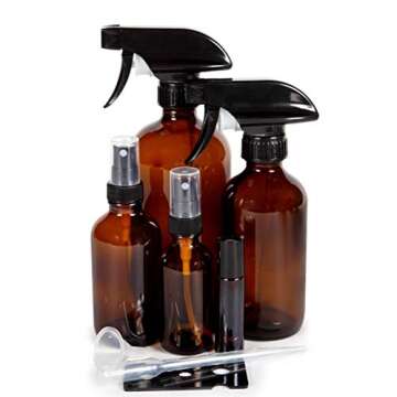 Vivaplex, Amber, Glass Bottle Set, 16oz (x2), 8oz (x2) with Trigger Sprayers. 4oz (x4), 2oz (x4) with Fine Mist Sprayers, 10 ml Stainless steel Roller Bottles (x4) - Plus Accessories